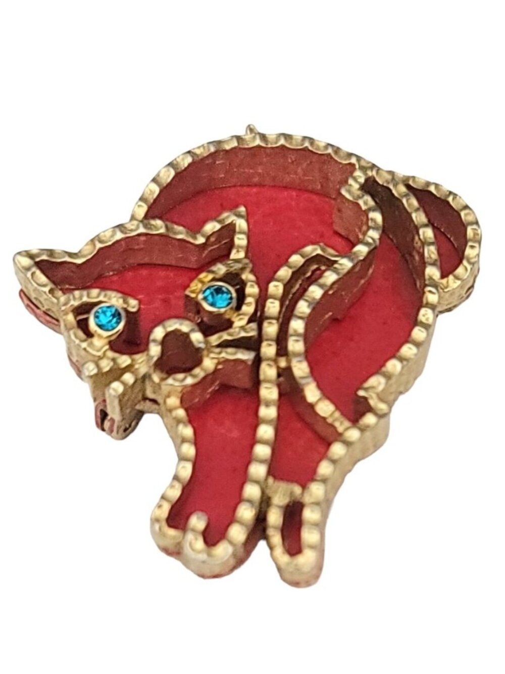 Coro Gold Tone Red Enamel Blue Rhinestone Modernist Cat Brooch Pin, Signed - Picture 2 of 10